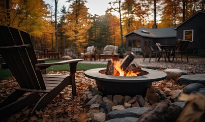 close-up photo of a stacked stone firepit with firewood and flames. Beautiful autumn landscape.