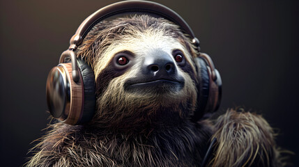 Cute sloth listening to music on headphones - obrazy, fototapety, plakaty