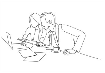 continuous line drawing of a woman is explaining material inside a laptop to a man. Two teen browsing a laptop searching information online. vector illustration isolated on white background