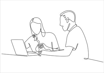 continuous line drawing of a woman is explaining material inside a laptop to a man. Two teen browsing a laptop searching information online. vector illustration isolated on white background