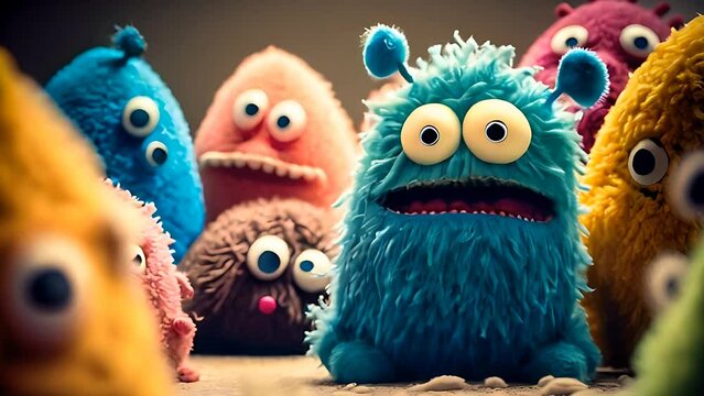 Animation of a group of cute little felt monster
