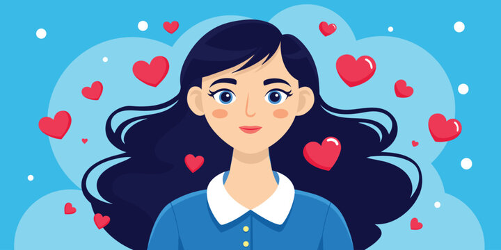 Happy Valentine's Day concept with hearts and young woman in love illustration