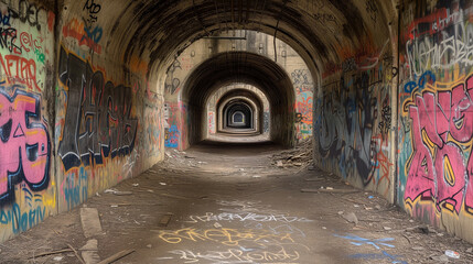 Abandoned tunnel with graffiti on the walls. 3d rendering