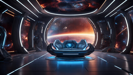 An empty room with a futuristic galactic theme, showcasing advanced technology, cosmic elements, and dynamic lighting in 3D.