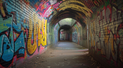 Abandoned tunnel with colorful graffiti. Abstract urban art background.