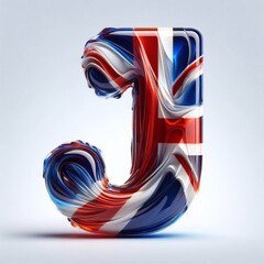 Glasss letter J in color of United Kingdom flag. AI generated illustration