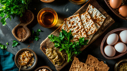 Festive Jewish matzo and a glass of wine on the festive table