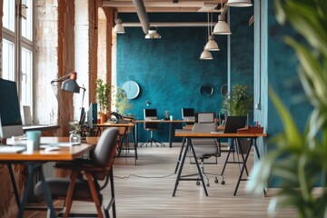 Office desks, chairs, supplies in big coworking space without people 