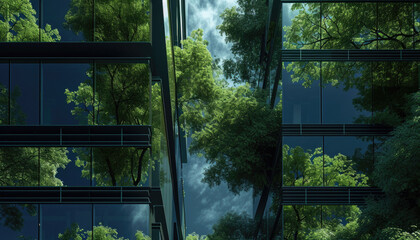 Architecture image with a modern glass building with a lot of green plants trees and bushes for business architecture environmental friendly and eco-concept