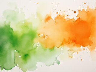 Orange and green watercolor stains on white paper background