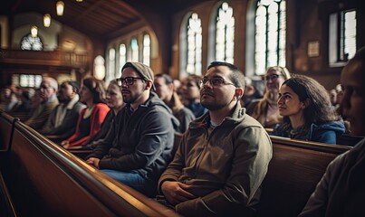 people sit in the church and listen to the pastor's sermon during the service