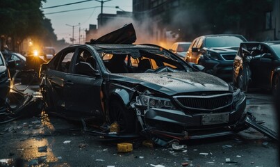 Damaged car on the street after huge car accident - obrazy, fototapety, plakaty