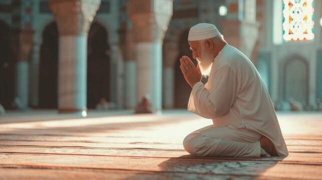 Religious Temple. Religious Muslim Man Pray To God. Holy Worship. Islam Religion. Islamic Prayer Inside The Mosque. Old Guy On His Knees Praying To Allah. Spiritual Faith.