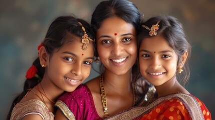 Obraz premium portrait of an Indian family - mother and daughter looking at the camera. Portrait of a beautiful Indian happy family of well-being, motherhood and guardianship, unconditional love concept