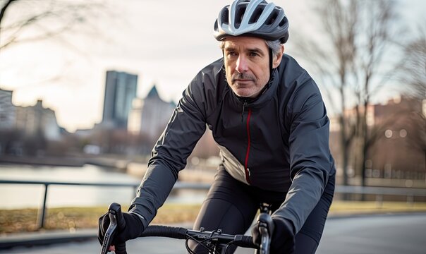 Portrait photography of a happy man cyclist riding a bicycle and wearing cycling helmet in the city park background.