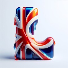 Glasss letter L in color of United Kingdom flag. AI generated illustration