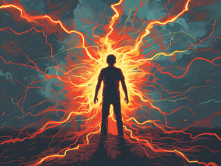 Silhouetted Figure Confronting an Intense Energy Explosion – Concept of Inner Strength, Supernatural Power, and Dynamic Breakthrough, Dramatic Fiery Illustration