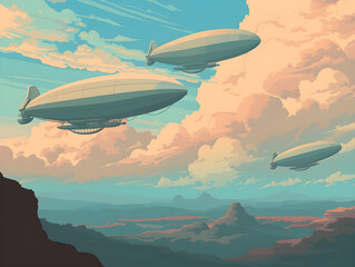 Serene Retro-Futuristic Airships at Dawn in Pastel Sky, Vintage Zeppelin Design - Concept of Tranquil Adventure and Nostalgic Travel