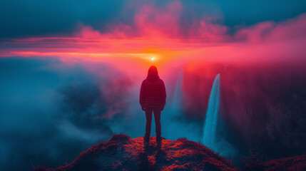 A man standing on a cliff looking at a waterfall and sunrise a forest, generative ai - obrazy, fototapety, plakaty