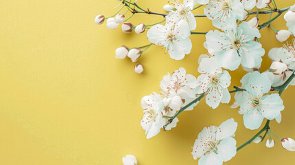 Blossom Elegance: White Blossoms on Light Yellow Background - Minimal modern Wallpaper