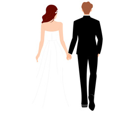 bride and groom in wedding dress walking and hold hand illustration