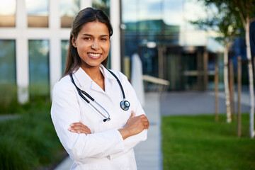Confident trustworthy female doctor wearing lab coat with stethoscope standing outside modern hospital clinic