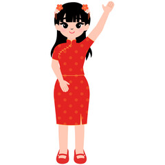 happy cute chinese girl waving hand illistration