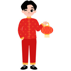 happy cute chinese boy with red chinese lantern illustration