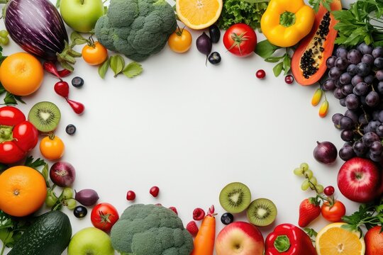 Top view of various multicolored fruits and vegetables disposed at the borders of the image on a frame 