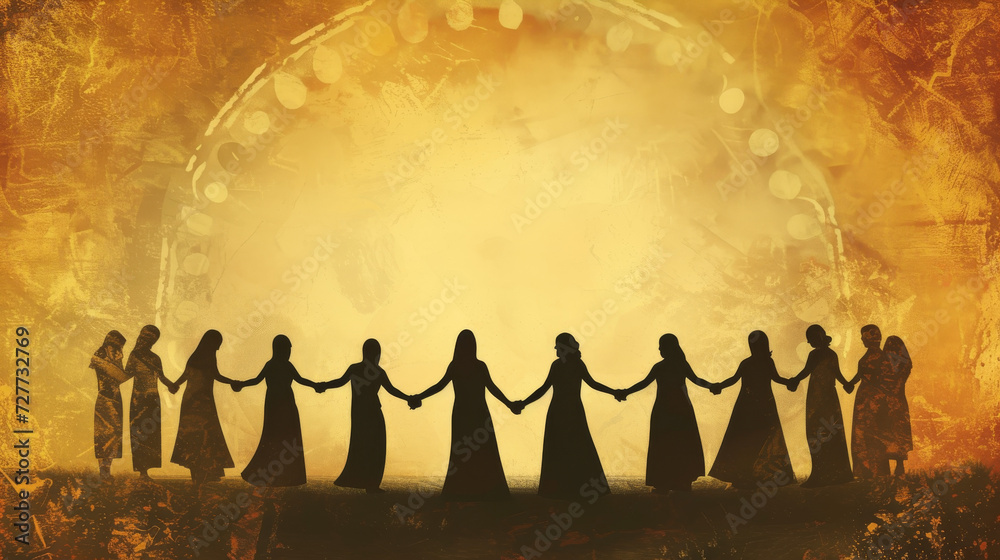 Wall mural A background design depicting silhouettes of women holding hands in a circle, unity support 