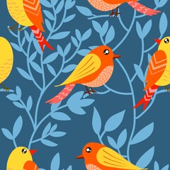 Abstract seamless pattern with birds and blooming flowers and leaves.natural illustration with  flowers background.