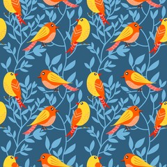 Abstract seamless pattern with birds and blooming flowers and leaves.natural illustration with flowers background.