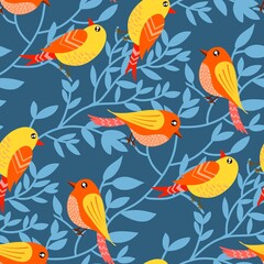 Fototapeta premium Abstract seamless pattern with birds and blooming flowers and leaves.natural illustration with flowers background.