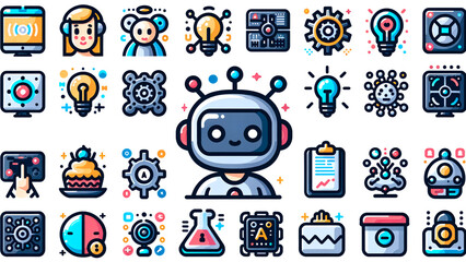 Artificial intelligence icon set. Containing machine learning, data science, AI, virtual assistant, generative AI, technology, Turing test and more. Solid vector icons collection