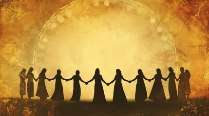 A background design depicting silhouettes of women holding hands in a circle, unity support 