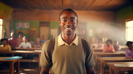 Young positive teacher in an African village school. - obrazy, fototapety, plakaty