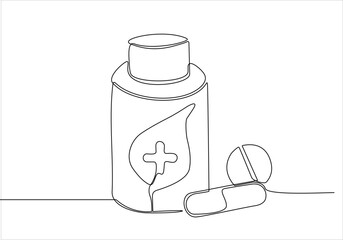 continuous line drawing of vitamin capsule bottle vector illustration