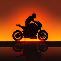 Obraz na płótnie Canvas a rider riding a futuristic looking sport bike on road during sunset 
