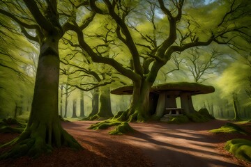 Naklejka premium Spring landscape with a pair of Dutch dolmen under beech and oak trees