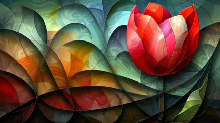 Stained glass window background with colorful Flower Tulip abstract.