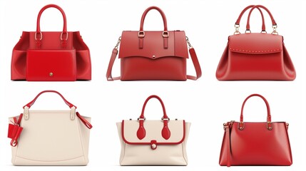 set collection of stylish women handbag purse, red and white leather, different colors and style, luxury elegant ladies hand bags isolated on white png transparent background