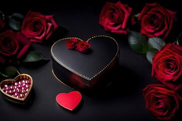 Valentine's Day heart-shaped box with roses against a black background