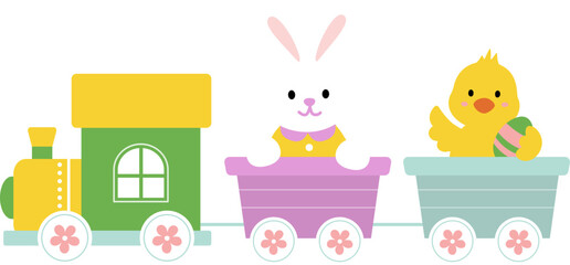  Easter train carrying cute bunny and chick vector.