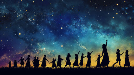 An inspirational background depicting silhouettes of women of all ages marching under a sky filled with stars, representing hope and limitless possibilities