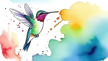Colorful Hummingbird watercolor Illustration, Humming Bird White Background, Flying Bird, Colorful Humming bird for T-shirt design.