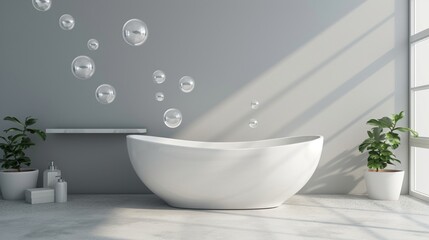 Fototapeta na wymiar Small bathtub with foam and soap bubbles on grey background