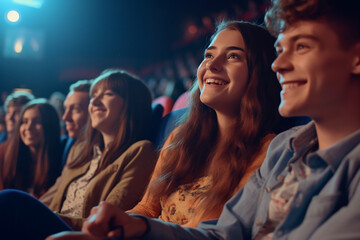 Group of people enjoying a show in a theater or a cinema - obrazy, fototapety, plakaty