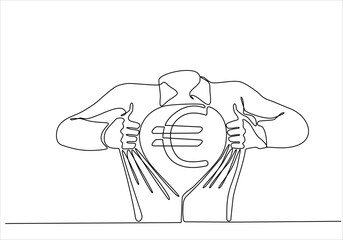 continuous line drawing of a superhero business man tearing his shirt showing the chest of his costume underneath with a euro sign vector illustration