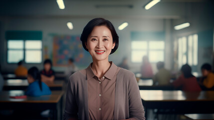 Young positive teacher in a Chinese primary school.