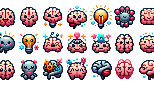Brain icon set. Containing mind, brainstorming, head, neuron, cognition, thinking, intelligence and more. Solid vector icons collection